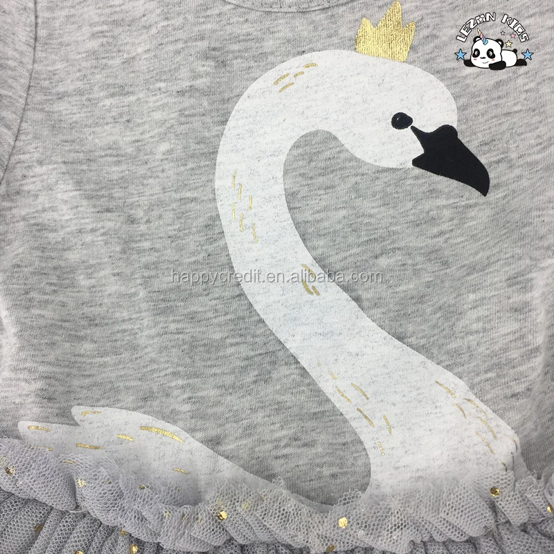 LEZONKIDS - Custom MOQ 100pcs Grey Cotton Short Sleeve 4 Layers Tulle Dress Girls Swan Dots Foil Print Dress